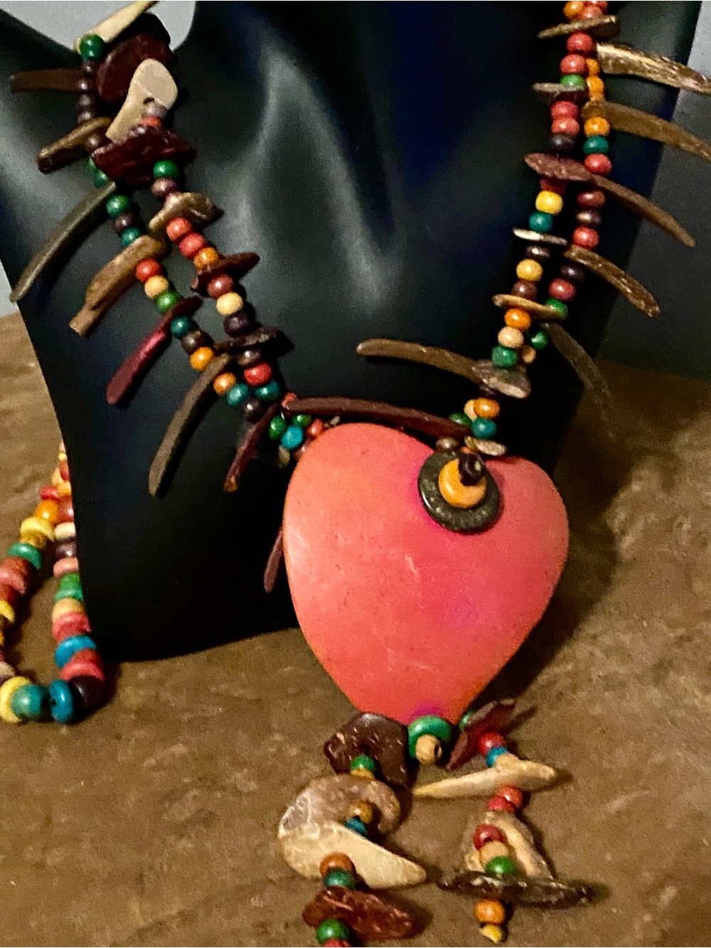 Vibrant Multicolor Wooden Beaded Spike Boho Necklace with Large Pink Heart